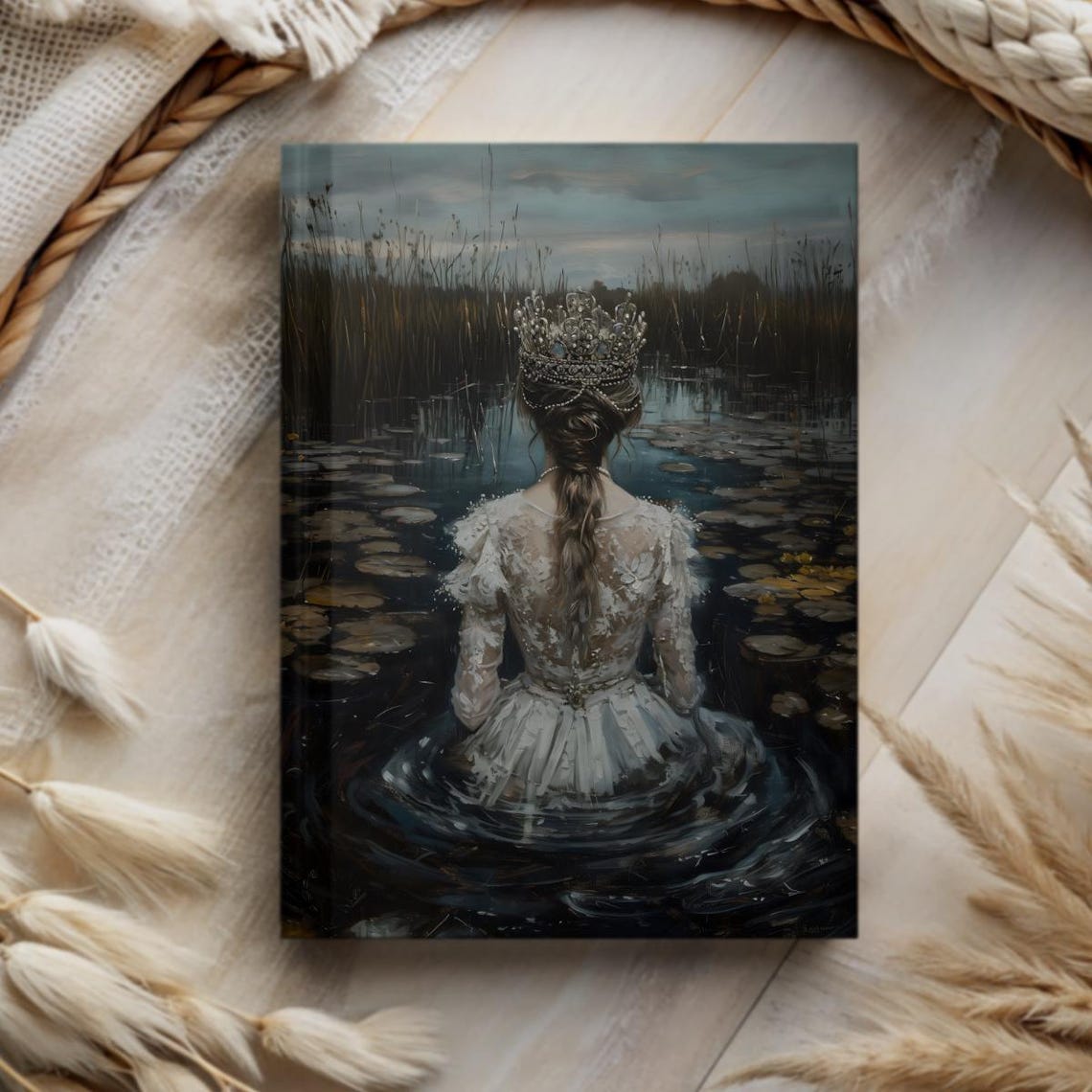 Crowned Woman In Lily Pond Dark Water Gothic Hardcover Journal Gift