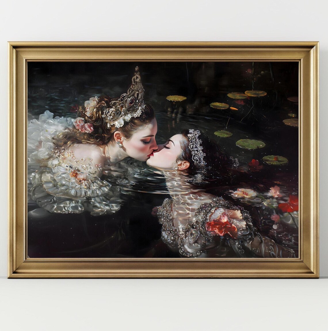 Crowned Lovers Kissing In Dark Lily Pond Ornate Gowns Romantic Sapphic Art Poster - Image 2