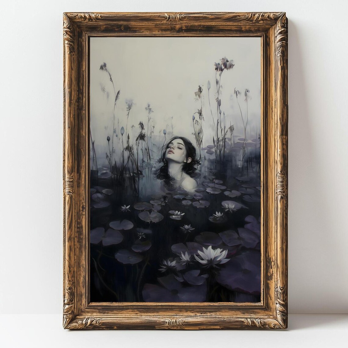 Pale Woman Floating Among Dark Purple Lilies Moody Gothic Art Print - Image 2
