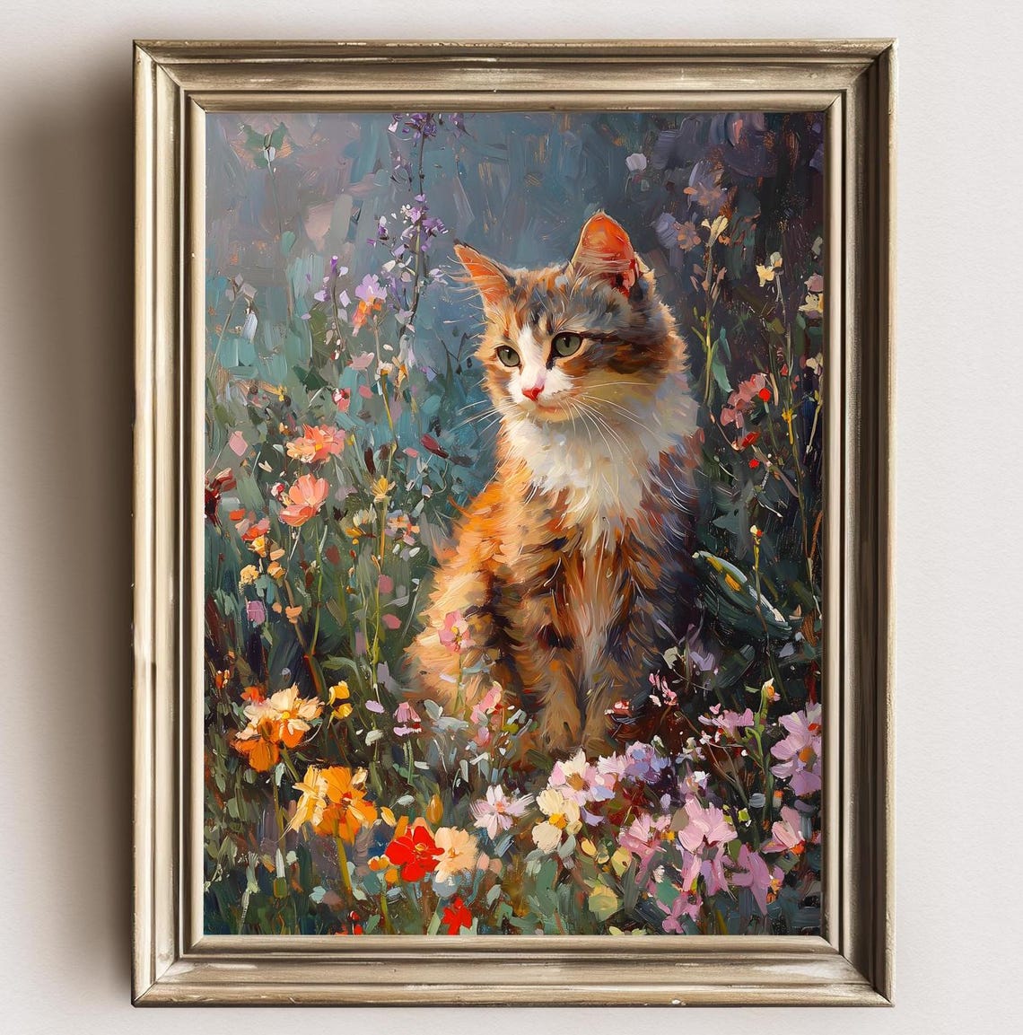 Cat Floral Painting Vintage Cottagecore Art Flowers Landscape Painting Animal Art Print Vintage Print Cat Wall Art Cat Lover Gift