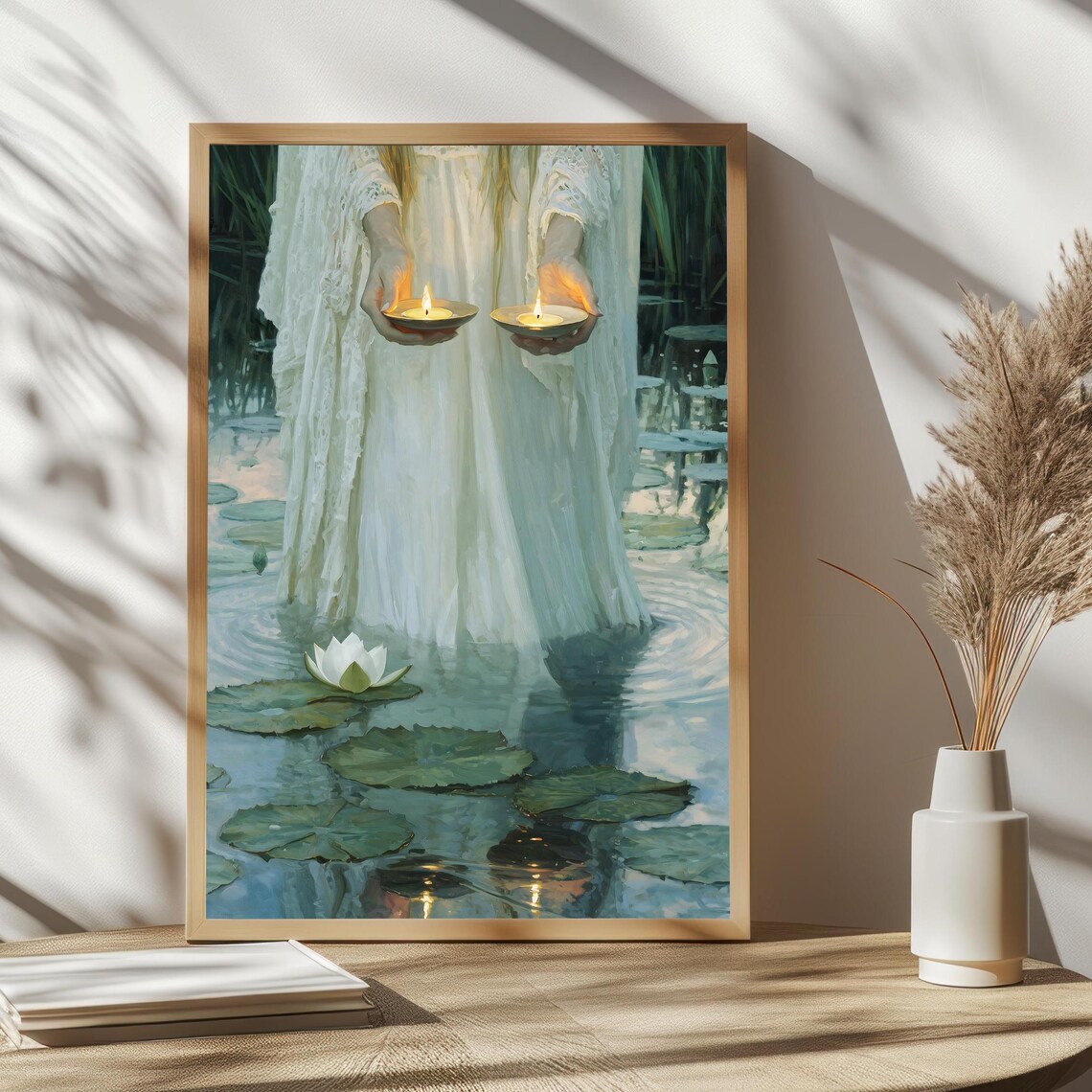 Lady In White Gown Holding Two Candles Lily Pond Serene Art Poster - Image 2