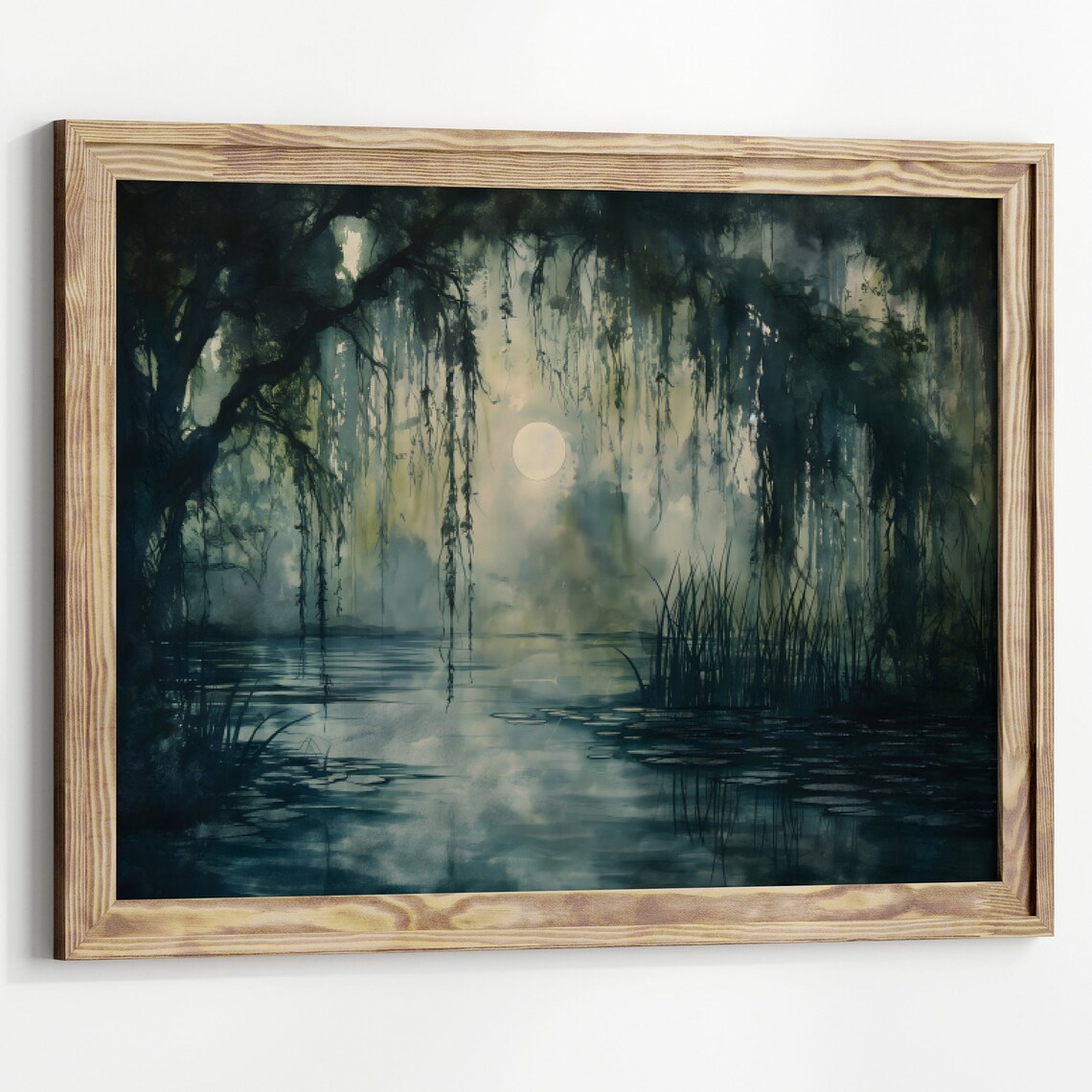 Willow Tree Pond Landscape, Dark Cottagecore Art Print