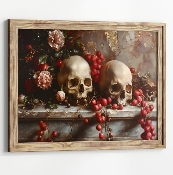 Moody Skulls Still Life Dark Academia Painting Victorian Gothic Print Dark Cottagecore Home Decor Vintage Gothic Home Decor