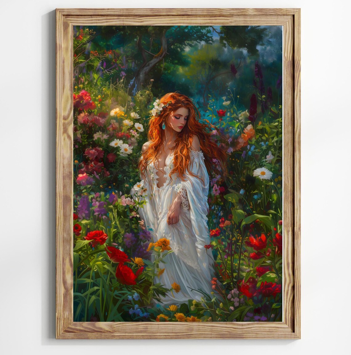 Red Haired Woman in Wildflower Garden White Dress Cottagecore Poster - Image 3