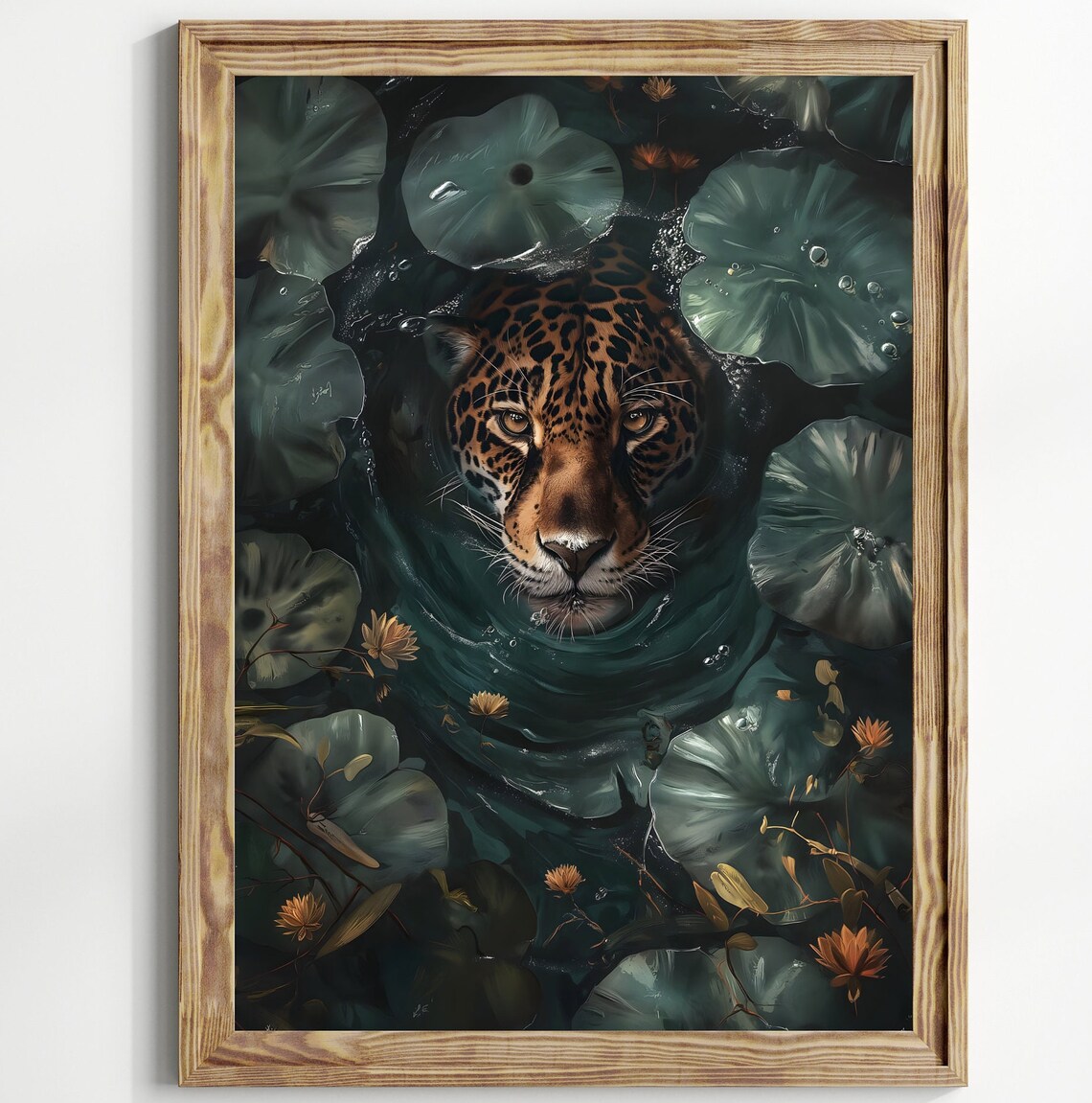Spotted Big Cat Swimming Dark Lily Pond Flowers Jungle Water Art Poster