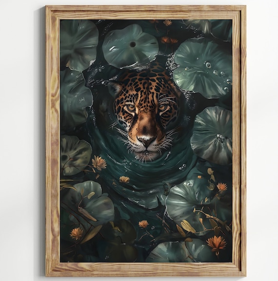 Leopard Swimming Print Matte Vertical Print Tropical Jungle Art Stylish Home Wall Decor Gift Idea Living Room Moody Dark Decor
