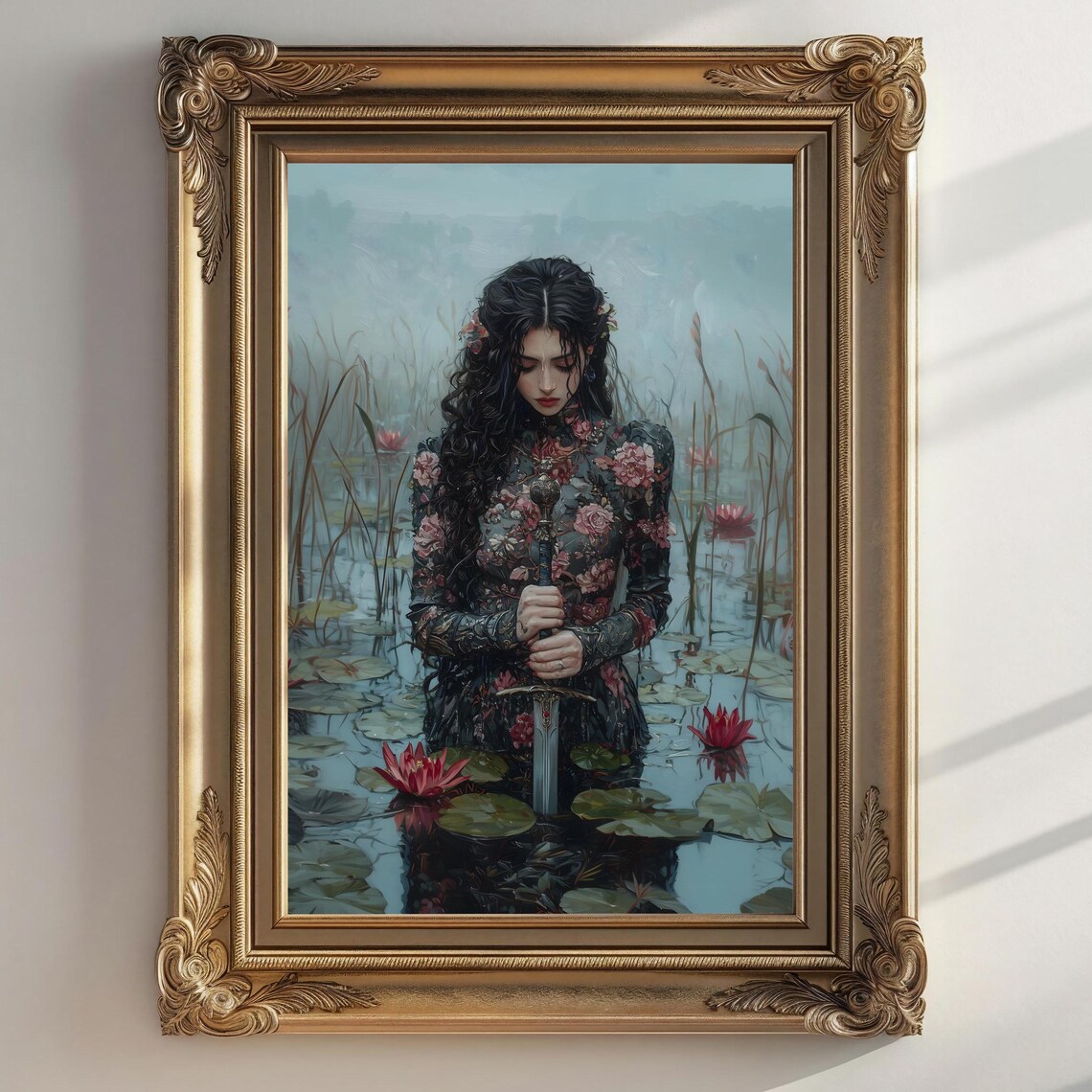 Female Knight at the Lake, Dark Academia Art Print