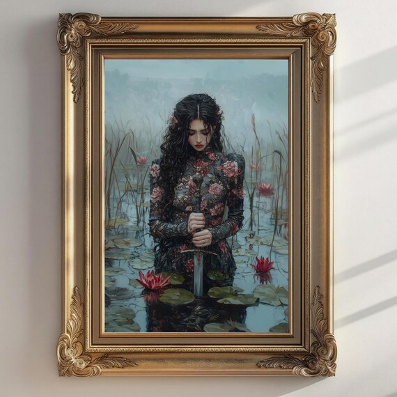 Female Knight at the Lake, Dark Academia Art Print
