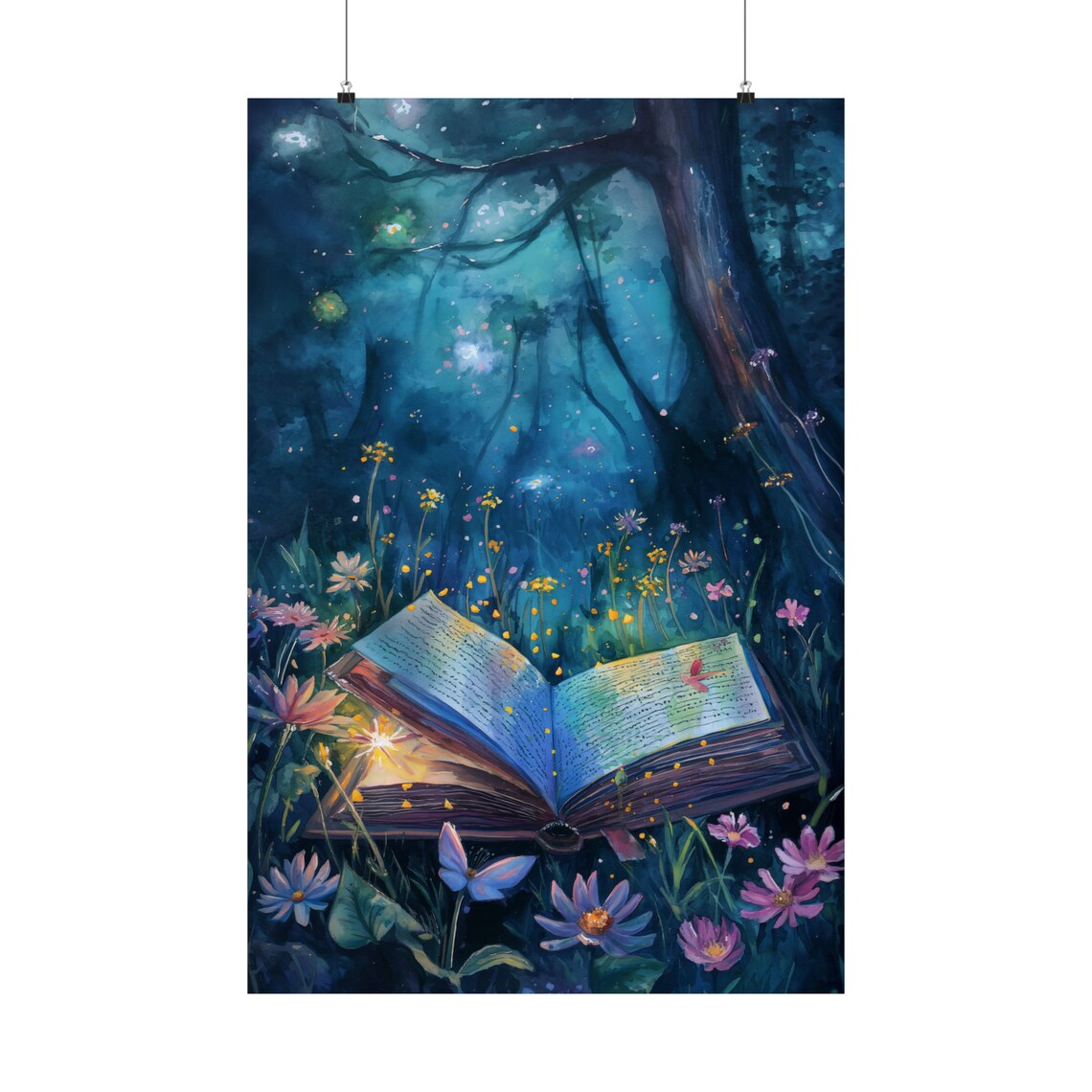 Glowing Magic Book In Enchanted Night Forest Wildflowers Dark Academia Art Poster - Image 2