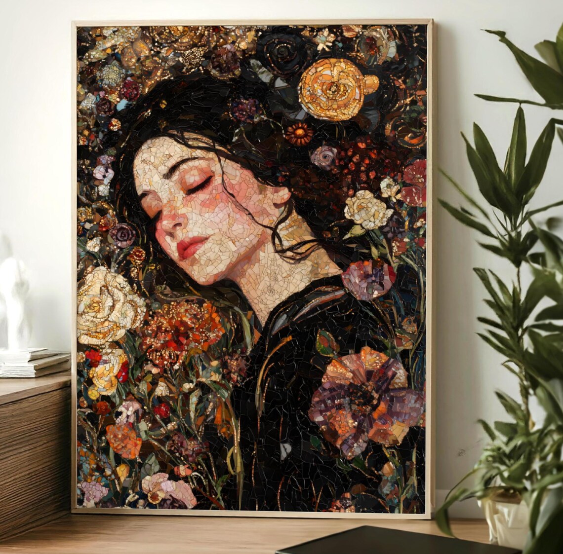 Sleeping Woman in Floral Mosaic Romantic Dark Academia Art Poster - Image 3