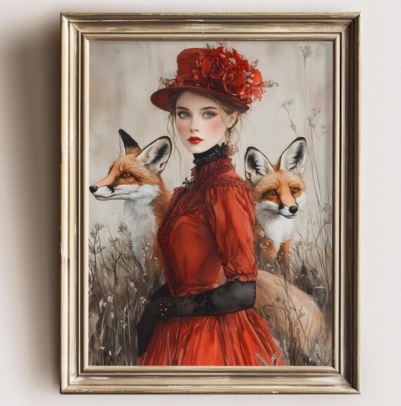 Victorian Woman Red Dress Hat Two Foxes Field Vintage Painting Poster