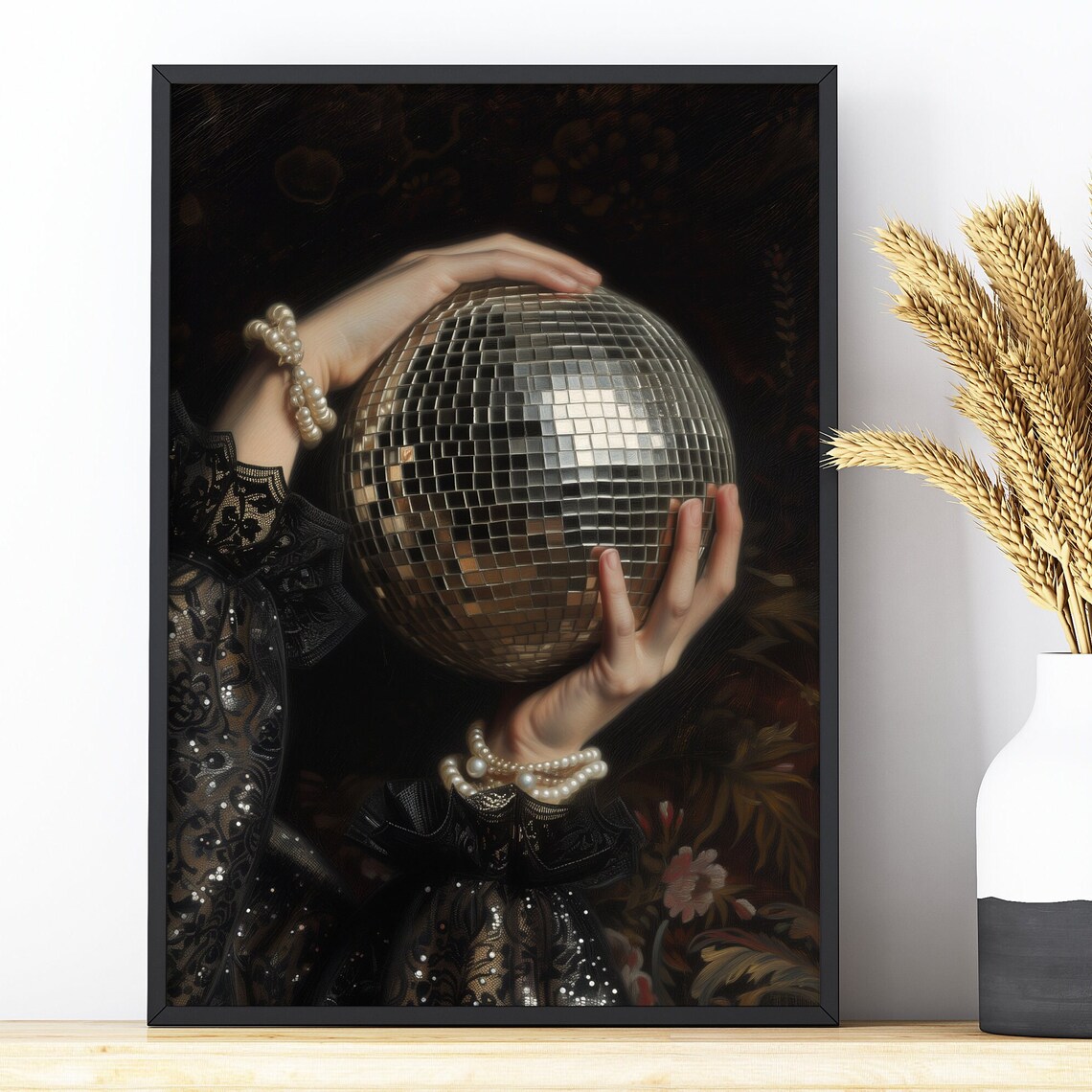 Woman Holding Disco Ball Covering Face Pearls Black Lace Moody Victorian Art Poster - Image 2