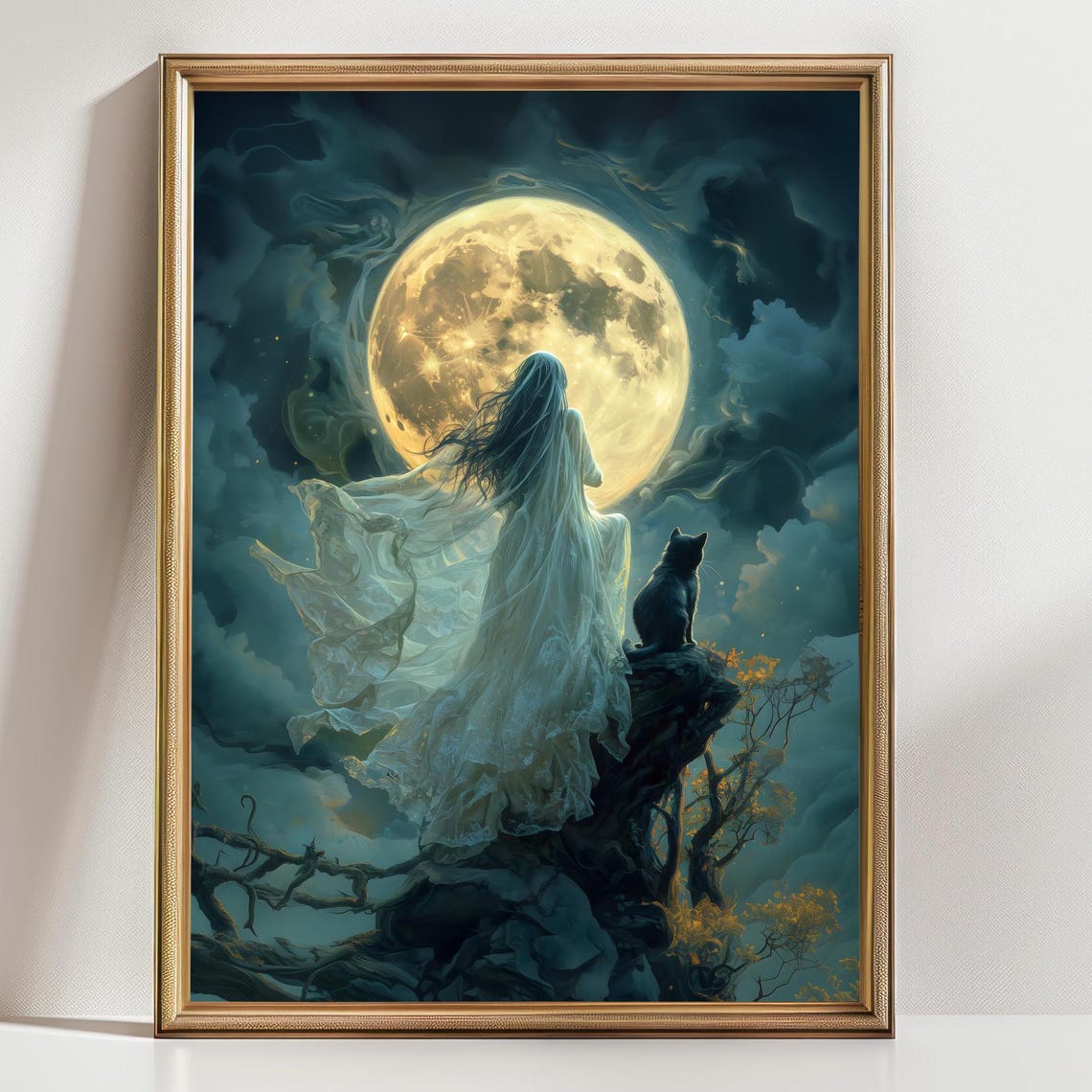 Ghostly Woman Black Cat Full Moon Clouds Romantic Spooky Night Poster