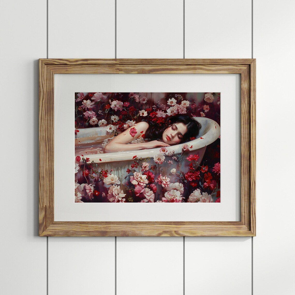 Woman Bathing Vintage Tub Cascading Flowers Dark Dreamlike Floral Art Print - Image 2
