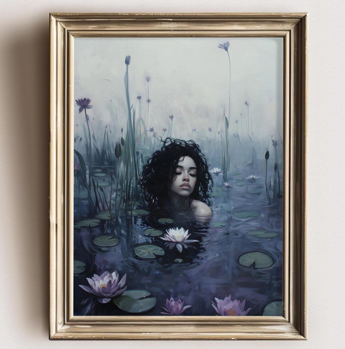 Dark Lady in Foggy Purple Water Lily Pond With Wildflowers Art Print