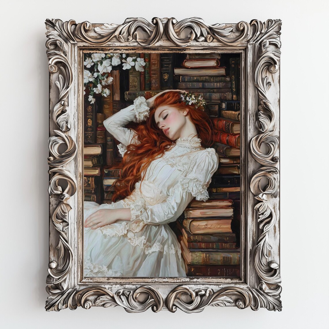 Red Haired Girl Sleeping On Books Dark Library Oil Painting Print - Image 3