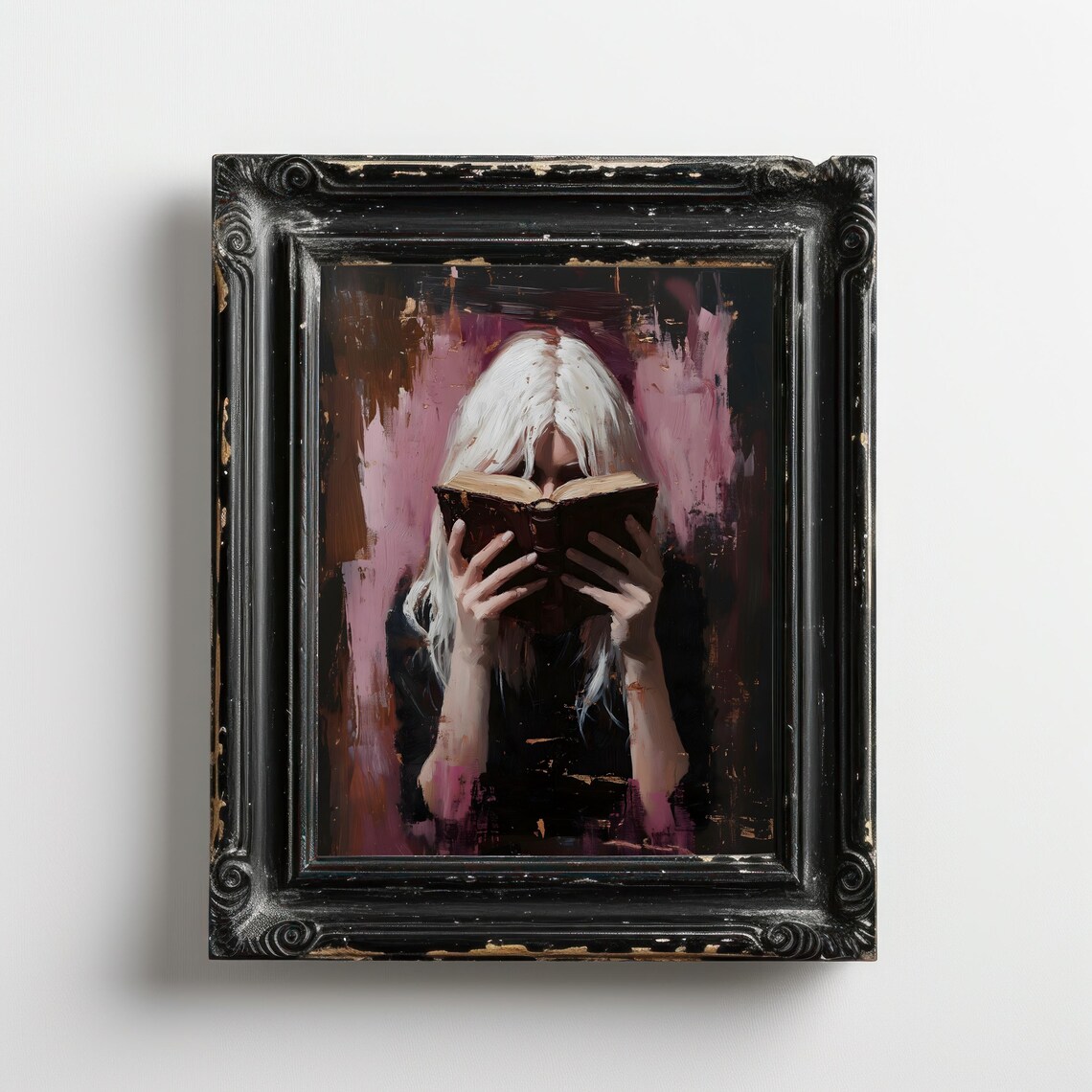 Blonde Woman Reading Antique Book Moody Burgundy Library Poster - Image 3