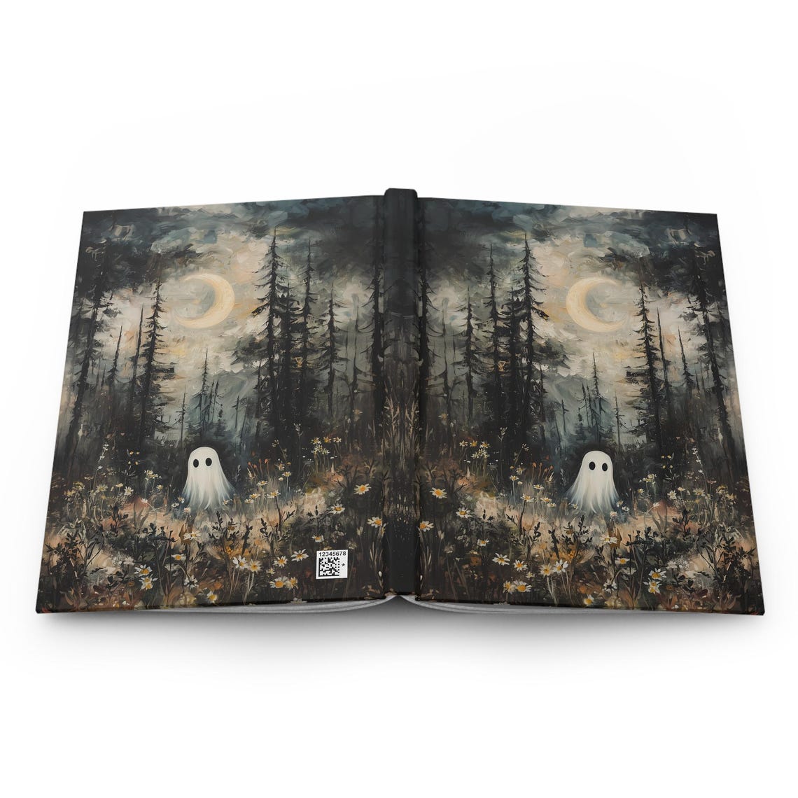 Cute Ghost In Dark Pine Forest Daisies Crescent Moon Spooky Art Poster - Image 2