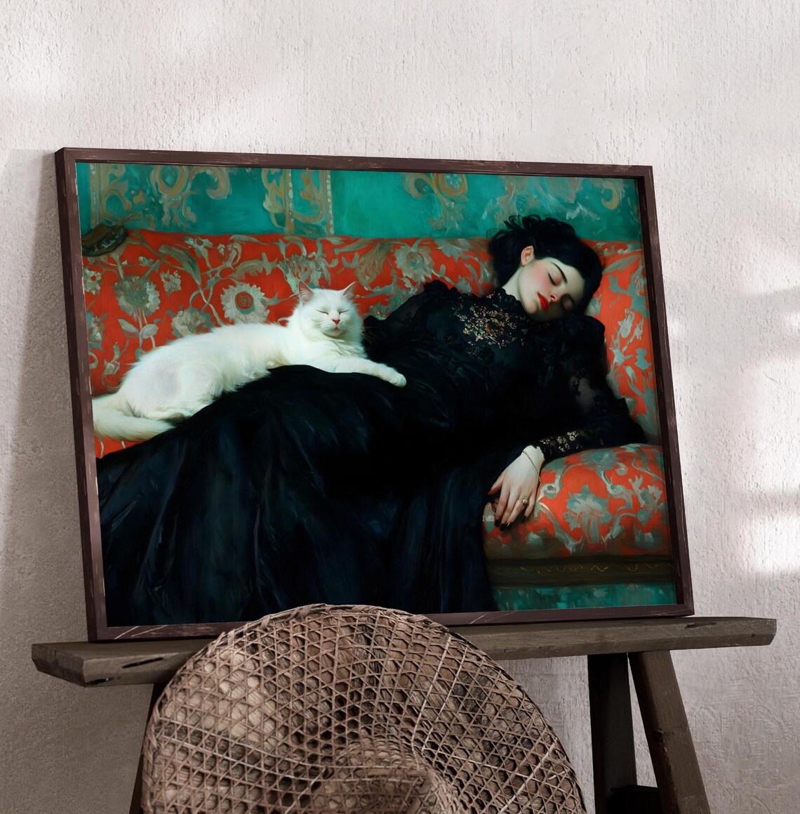 Cat And Woman Sleeping On A Couch, Victorian Art Print - Image 3