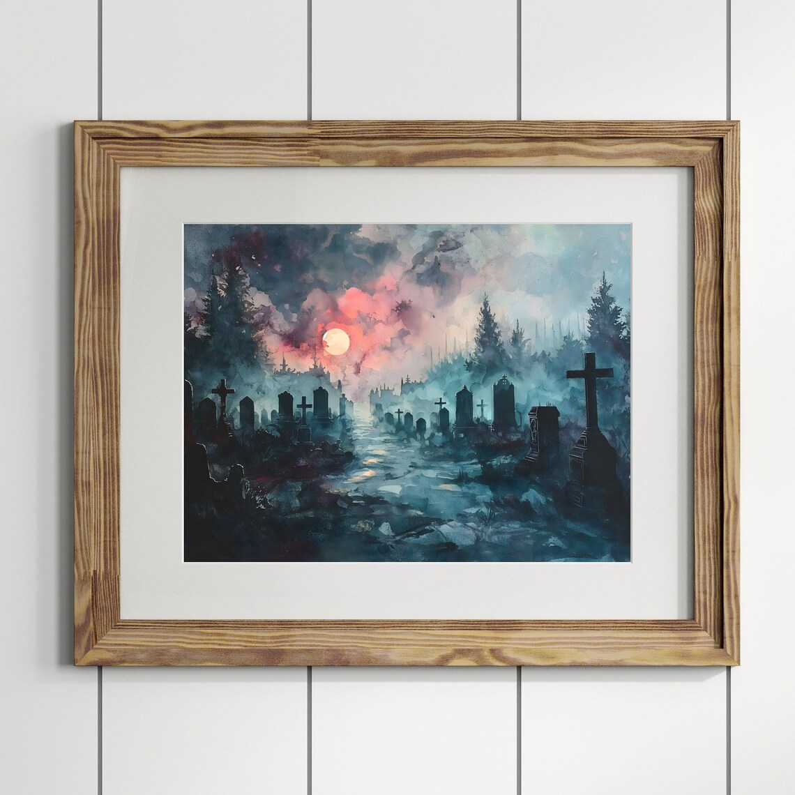 Gothic Cemetery Sunset Watercolor Ghostly Gravestones Moonlight Art Poster - Image 3