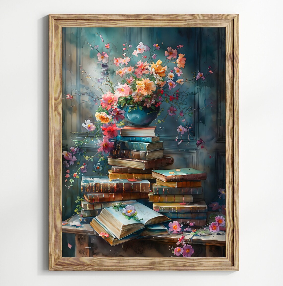 Abstract Stack Of Books, Cottagecore Floral Art Print