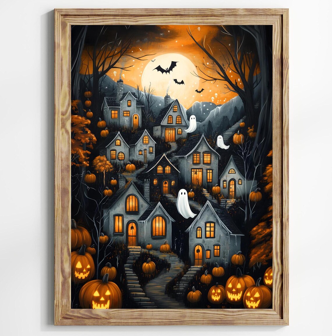 Halloween Town Folk Art Print, Vintage Halloween Poster