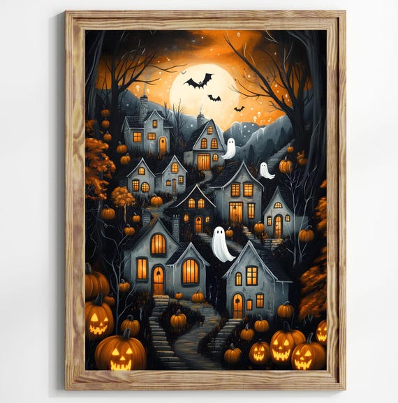 Halloween Town Folk Art Print, Vintage Halloween Poster