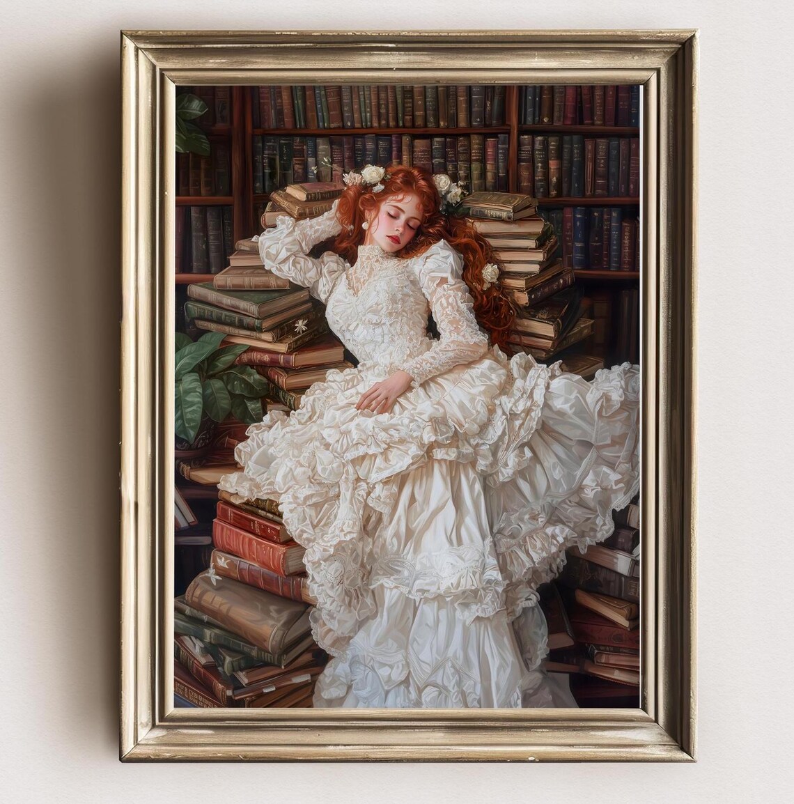 Redhead Woman Sleeping Library Books White Ruffled Gown Bookish Poster - Image 2