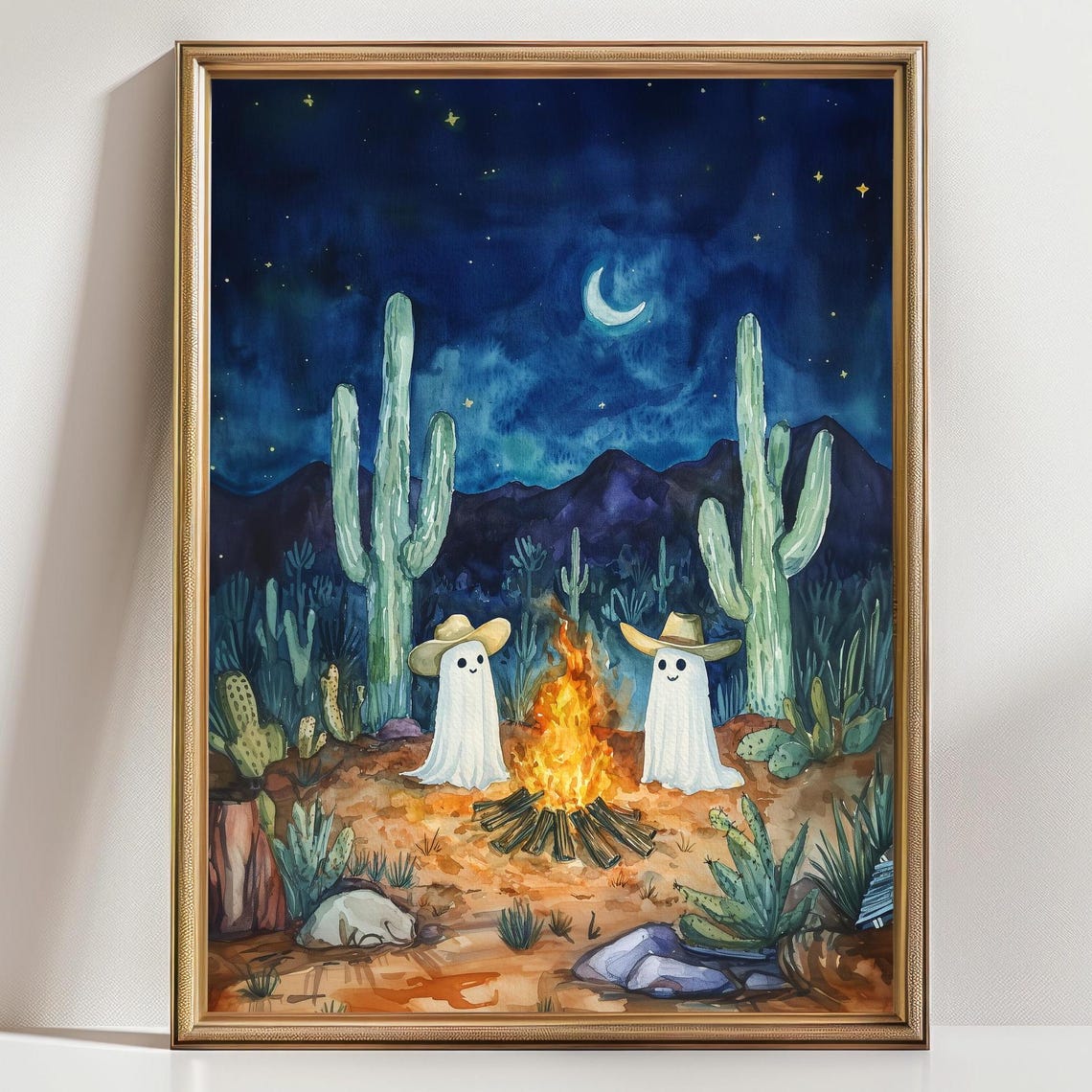 Cowboy Ghosts Campfire Desert Night Cacti Crescent Moon Western Poster - Image 3