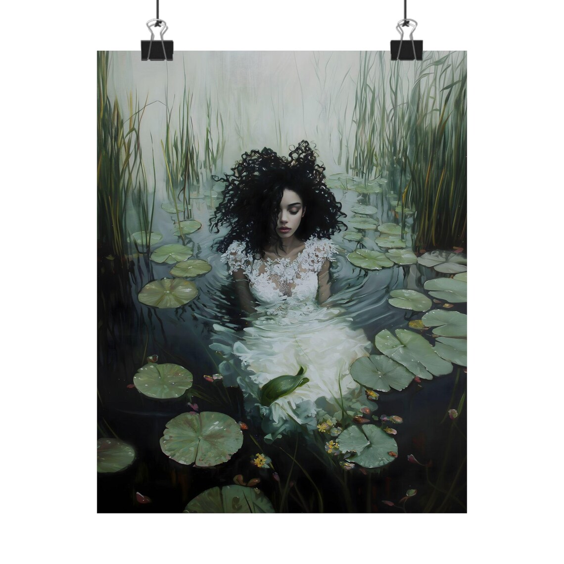 Black Ophelia Lily Pond Submerged Woman Dark Watercolor Art Print - Image 2