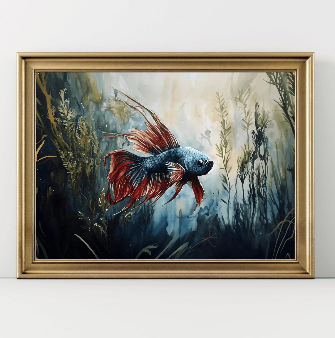 Betta Fish Red Fins Watercolor Aquatic Plants Aquarium Wall Art