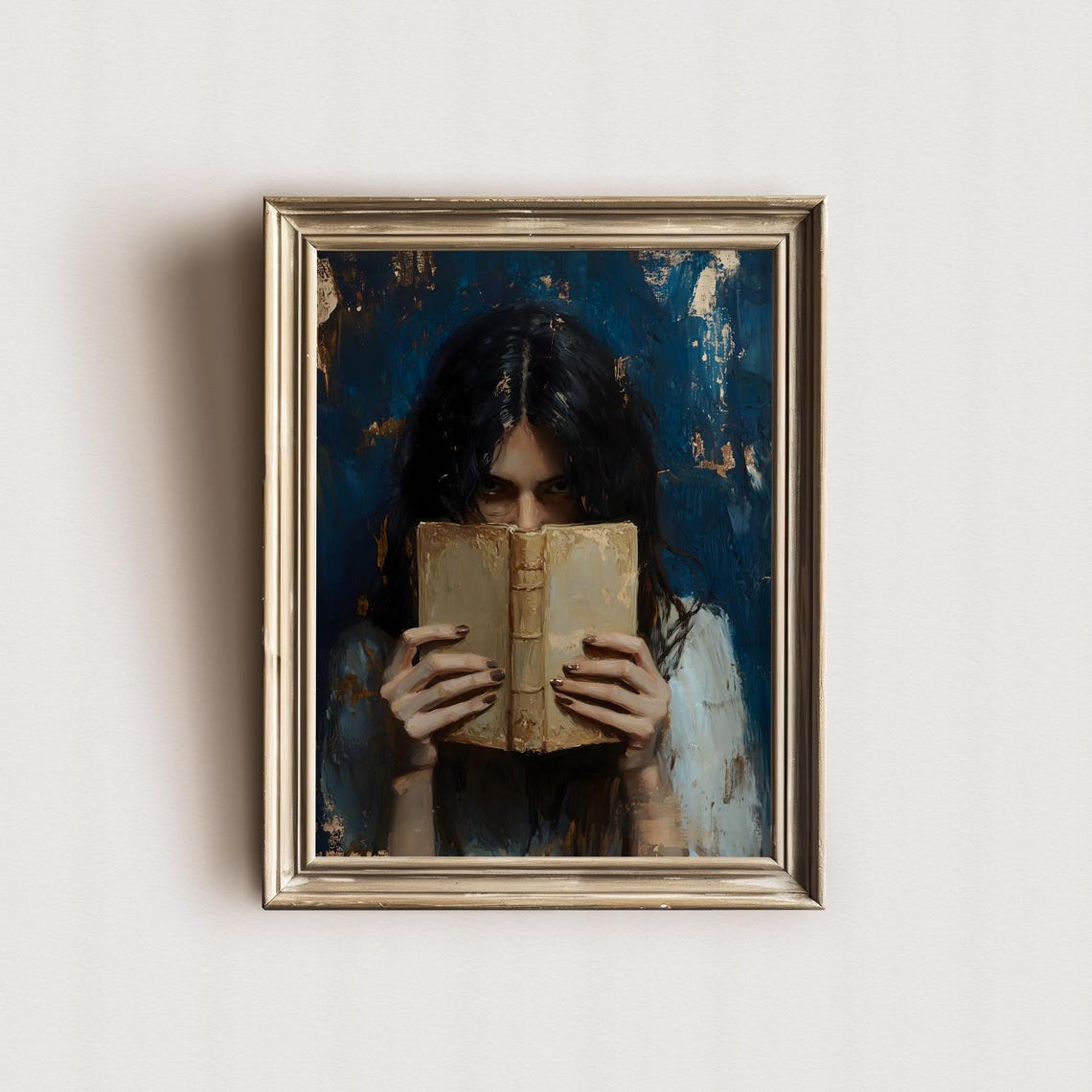 Woman Hiding Behind Old Book Moody Blue Bookish Goth Art Poster - Image 3
