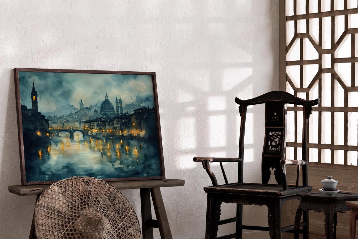 Florence Italy Night River Dome Skyline Moody Watercolor Art Poster - Image 2