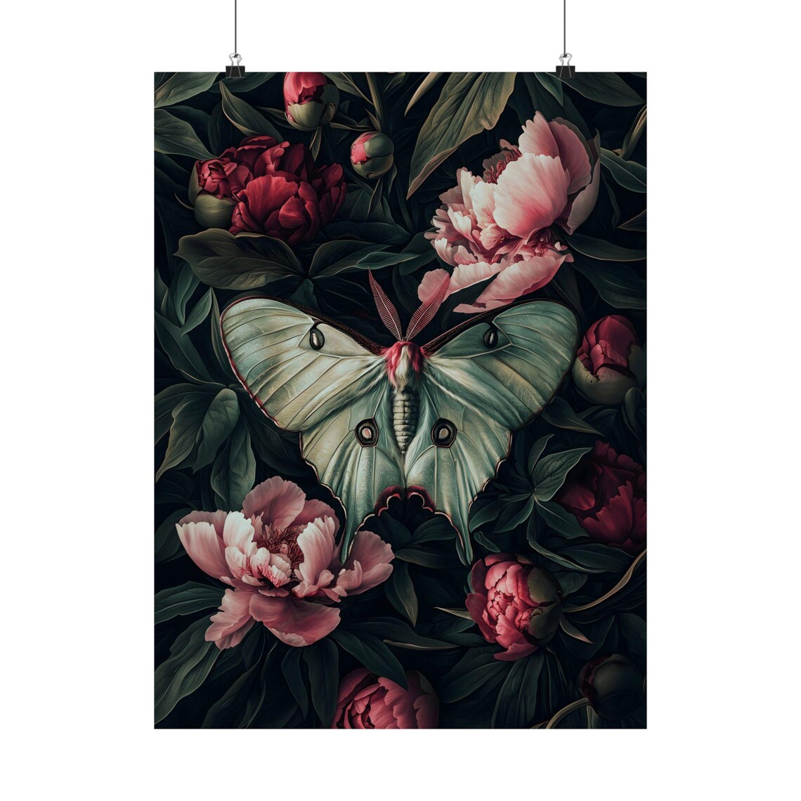 Luna Moth Dark Botanical Art Print, Witchy Academia - Image 2