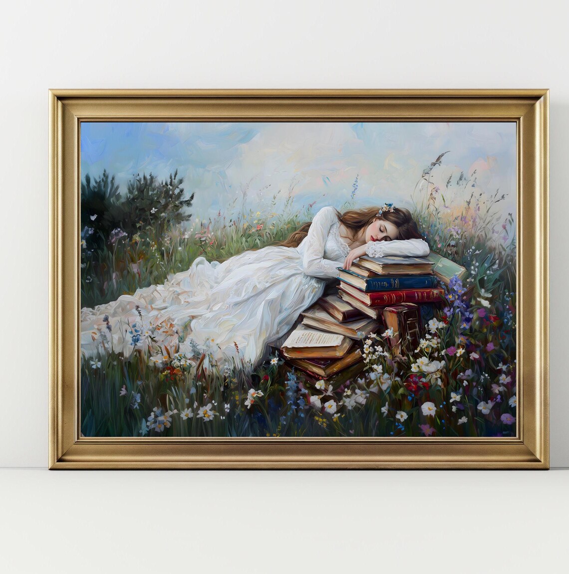 Red Haired Girl Sleeping On Books Wildflower Meadow Dreamy Bookish Poster - Image 2