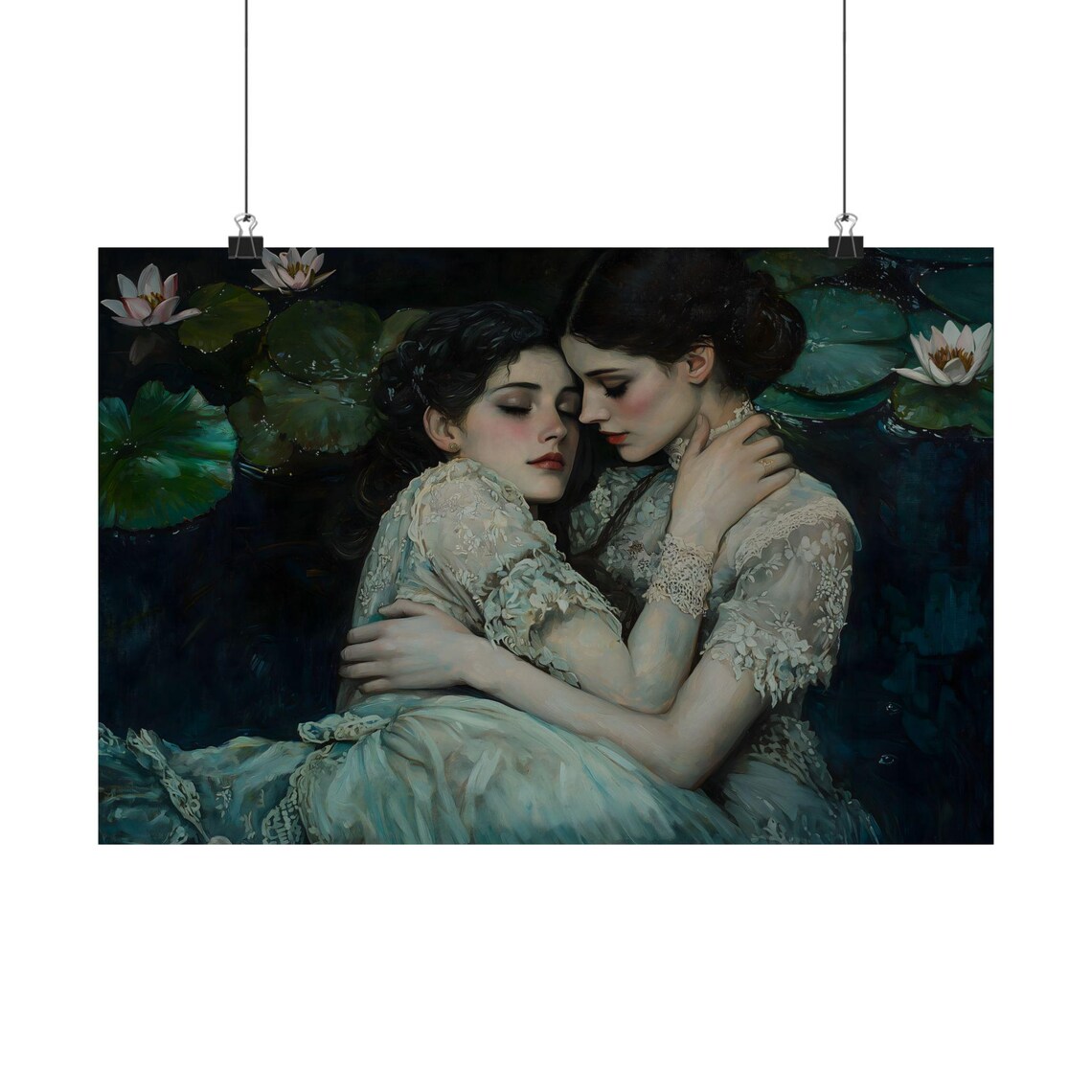 Two Women Embracing Lily Pond Dark Romantic Victorian Gothic Wall Art Poster - Image 2