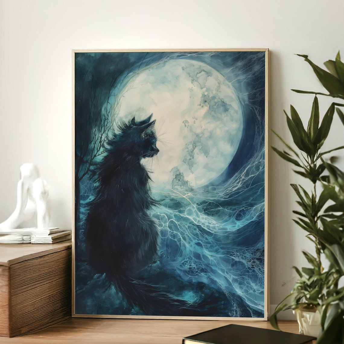 Black Cat Silhouette Before Full Moon Teal Ethereal Night Art Poster - Image 2