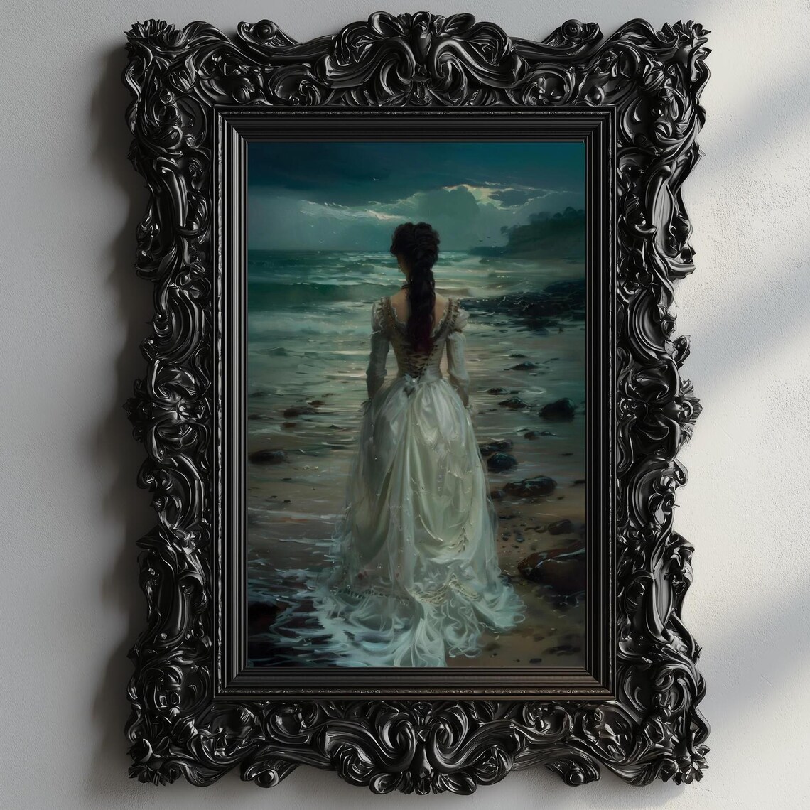 Woman White Gown Moonlit Rocky Shore Night Sea Gothic Painting Poster
