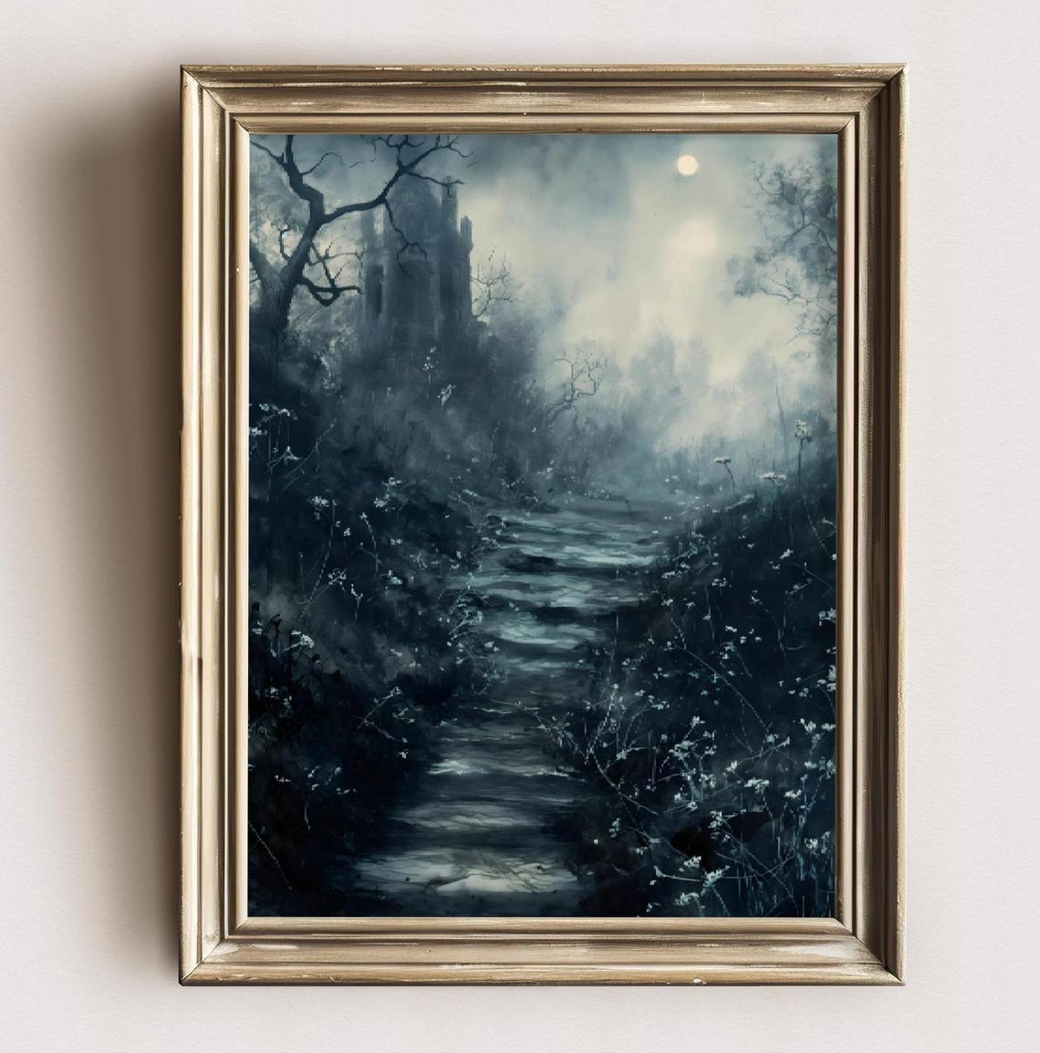 Haunted Castle Path Under Full Moon Foggy Dark Trees Gothic Art Print