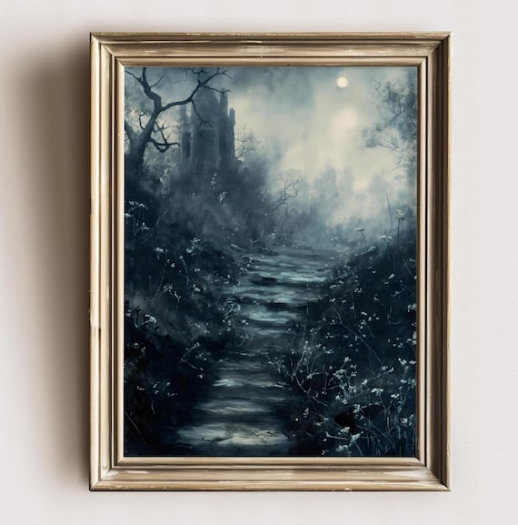 Moody Dark Aesthetics Painting Goth Landscape Dark Academia Art Print Gothic Home Dcor Cemetery Art Print Halloween Print