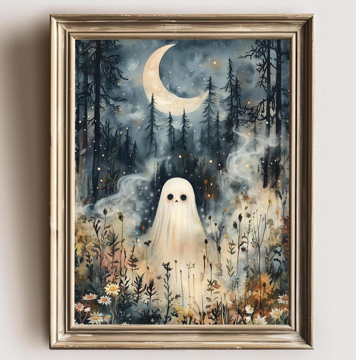 Cute Ghost In Dark Forest Night Crescent Moon Mist Wildflowers Poster - Image 3