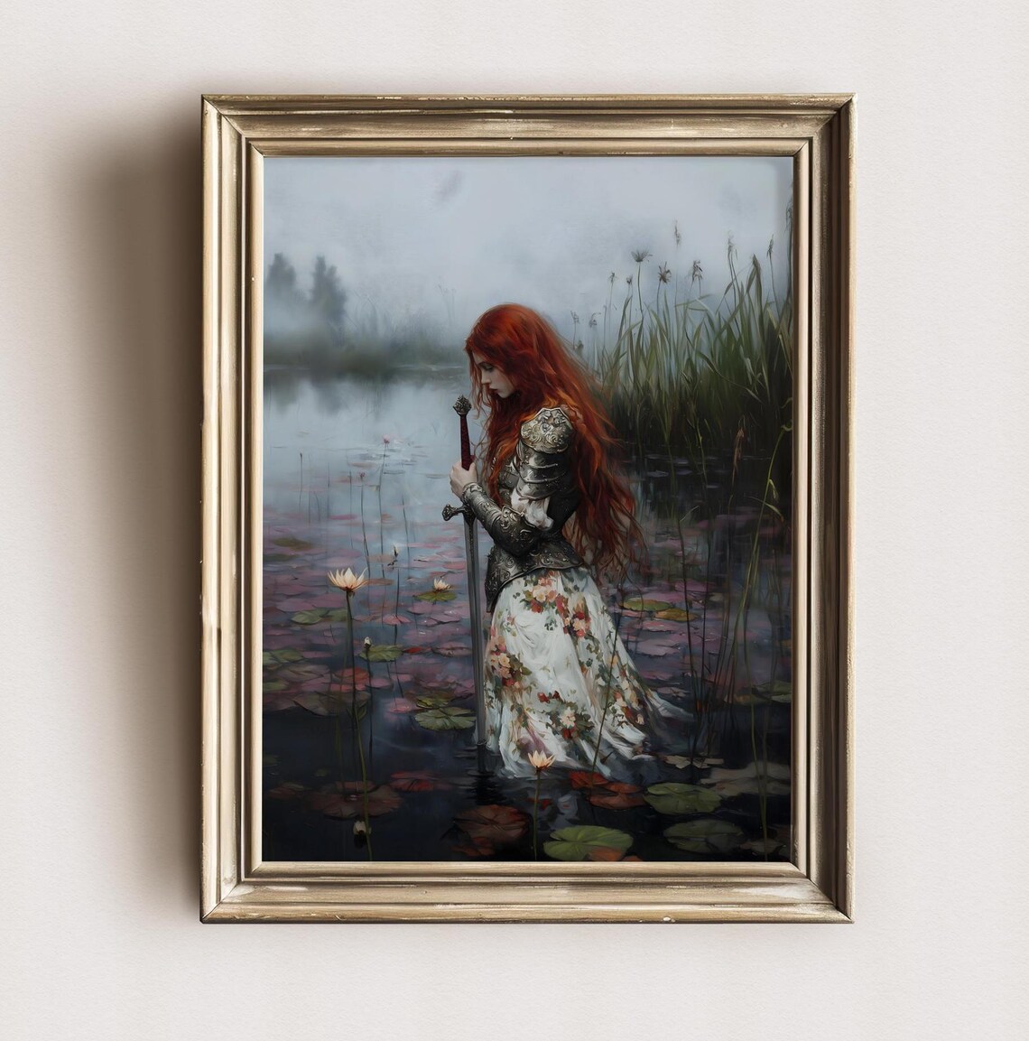 Red Haired Knight in Floral Skirt With Sword in Lily Pond Print - Image 2