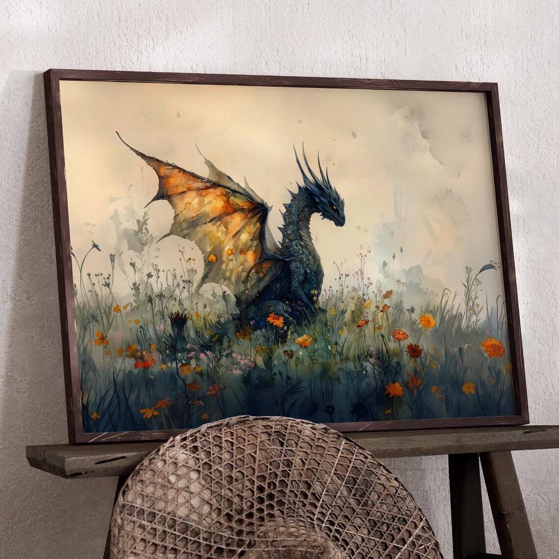 Dragon Watercolor Art Print, Dark Academia Fantasy