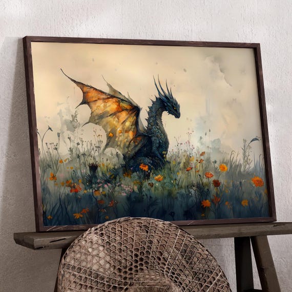 Dragon Watercolor Art Print, Dark Academia Fantasy