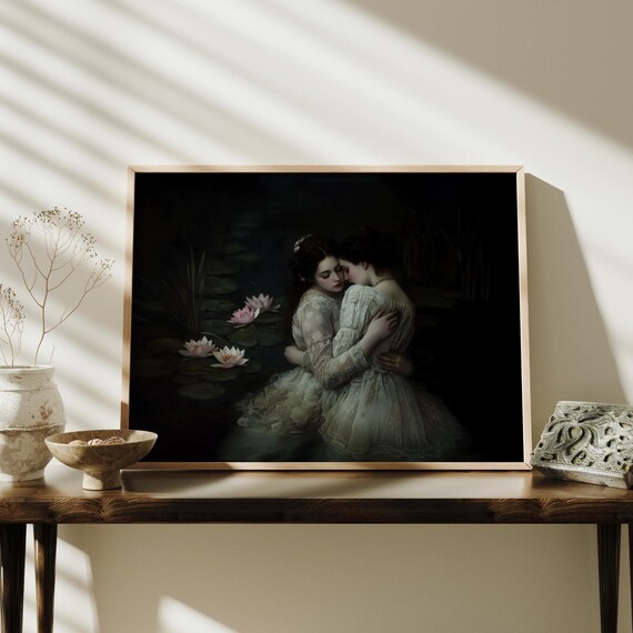 Two Women Embracing Night Water Lilies Dark Romantic Art Print