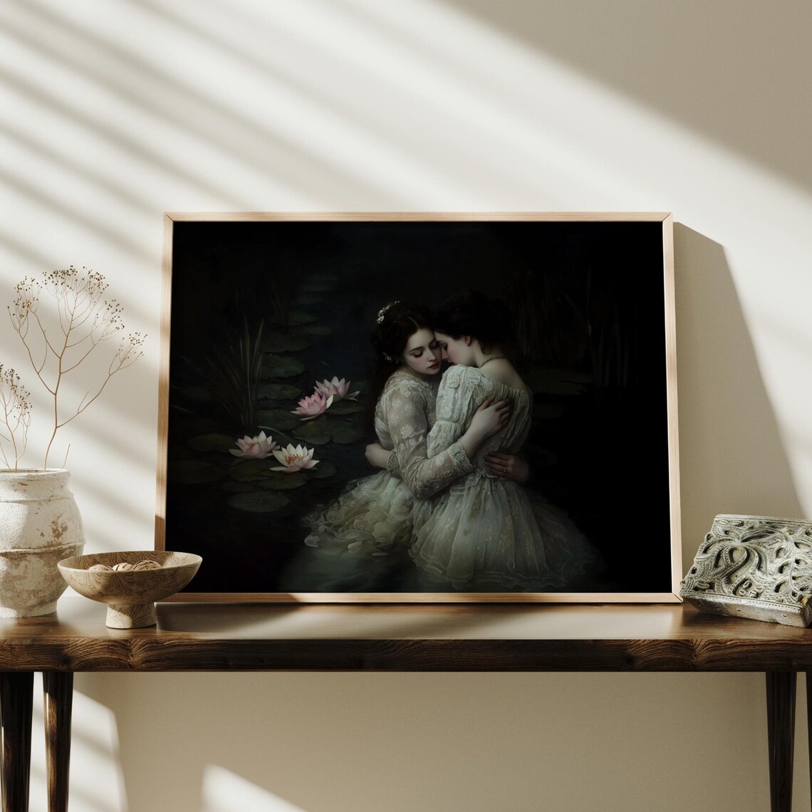 Two Women Embracing Night Water Lilies Dark Romantic Art Print