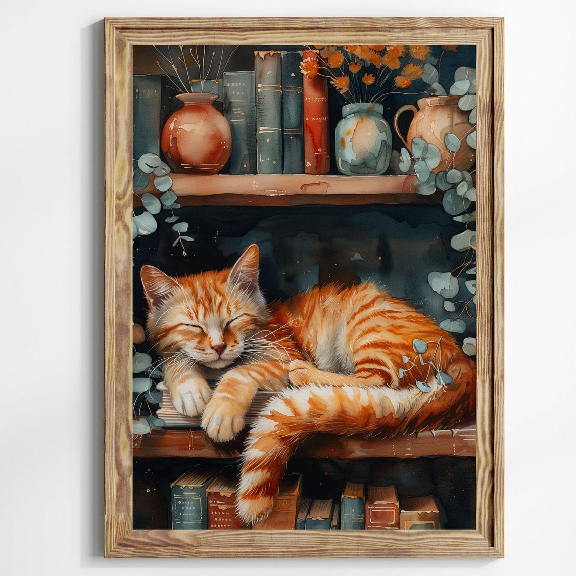 Sleeping Cat Dark Academia Decor Moody Bookish Wall Art Stack Books Print Victorian Decor Dark Academia Decorprint Library Goblincore