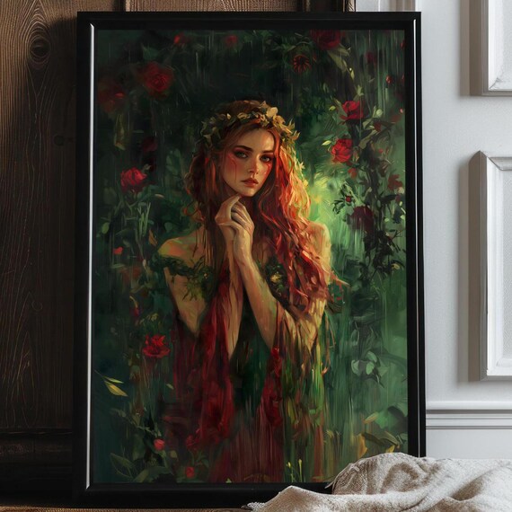 Persephone In Garden Wall Art Dark Academia Print Moody Victorian Wall Art Cottagecore Greek Goddess Greek Mythology Art Floral