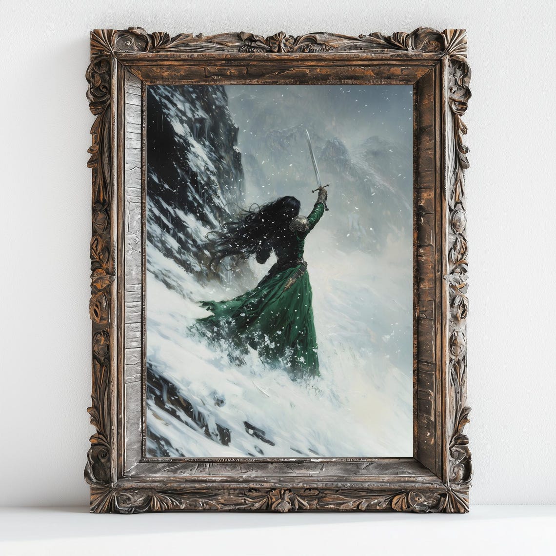 Female Knight in Green Gown Raising Sword in Snowy Mountain Blizzard - Image 2