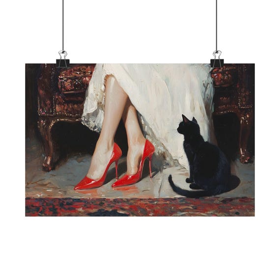 Cat And Woman Win Red Heels Victorian Print Dark Academia Victorian Home Decor Dark Art Wallart Elegant Wall Art Vintage Print Black Cat